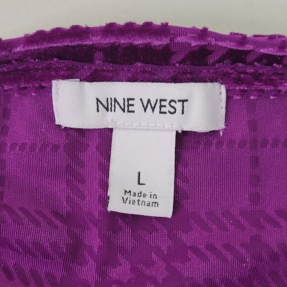 Nine West Purple‎ Plaid Velvet Lettuce Hem Short Sleeve Blouse Size Large - Picture 6 of 11